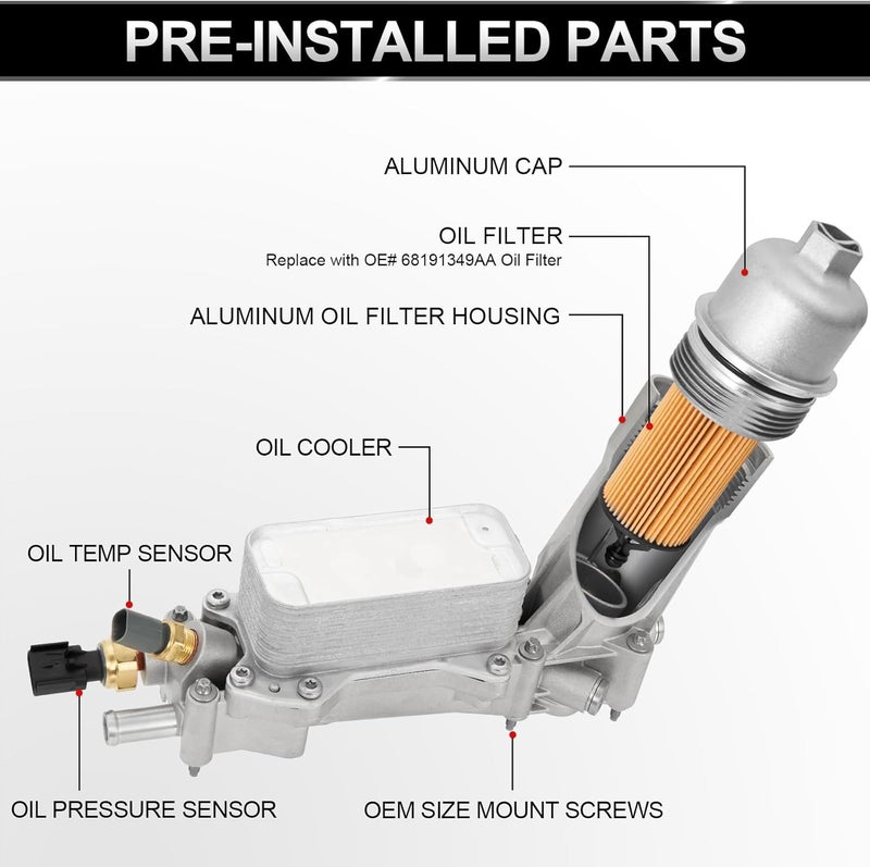 TEMSONE 926-959 Upgrade Full Aluminum Engine Oil Filter Housing Oil Cooler Kit with Gaskets & Sensors Compatible with 2017-2018 Chrysler 200/300 Dodge Charger Avenger Journey Wrangler Ram Promaster 3.2 3.6 V6 - Image 5